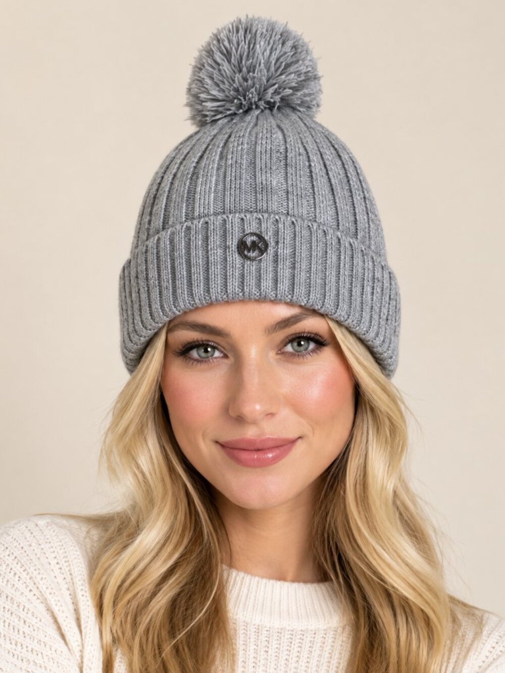 Michael Kors Knit Pom Pom Beanie Hat Gray Ribbed MK Silver Logo Toboggan NWT